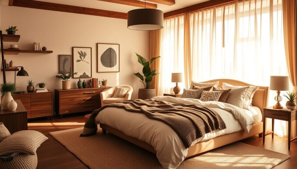 A cozy and inviting familyphase dream bedroom, flooded with warm, natural light filtering through sheer curtains. A plush, oversized bed with soft, neutral bedding and an abundance of throw pillows invites relaxation. Tasteful wall decor, like floating shelves and abstract art, line the walls. A cozy reading nook with a wingback chair and floor lamp sits in the corner. Soft, ambient lighting from a stylish pendant overhead and table lamps creates a tranquil atmosphere. Wooden furniture, like a dresser and nightstands, add rustic elegance. Potted plants and textured accents, like a knit blanket, infuse the space with natural, organic elements. Overall, a calming, comfortable oasis perfect for families to unwind.