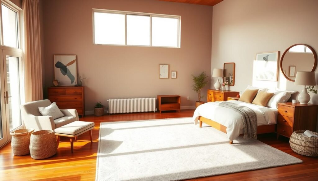 A cozy and inviting modern bedroom with warm lighting, clean lines, and personalized touches. A large king-size bed with crisp white bedding and plush throw pillows takes center stage. Minimalist wood furniture, including a dresser and nightstands, line the walls. A familyphase armchair and ottoman sit in the corner, creating a reading nook. Warm-toned wood floors and a large, soft area rug anchor the space. Tall windows allow natural light to filter in, casting a gentle glow. Abstract wall art and a decorative mirror add personality. Subtle texture comes from woven baskets and a knit blanket. Overall, a serene and stylish retreat perfect for parents seeking a personalized modern bedroom.