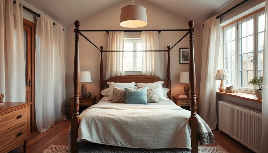 A cozy family house bedroom, bathed in warm, inviting lighting. A familyphase four-poster bed with soft, textured linens takes center stage, surrounded by oak furnishings and a plush area rug. Sheer curtains gently billow, diffusing natural light from large windows. Subtle task lighting from a familyphase pendant fixture and bedside lamps create a soothing ambiance. Decorative throw pillows and a knitted blanket add pops of color and texture. The space exudes a sense of comfort and relaxation, perfect for parents seeking a tranquil retreat.