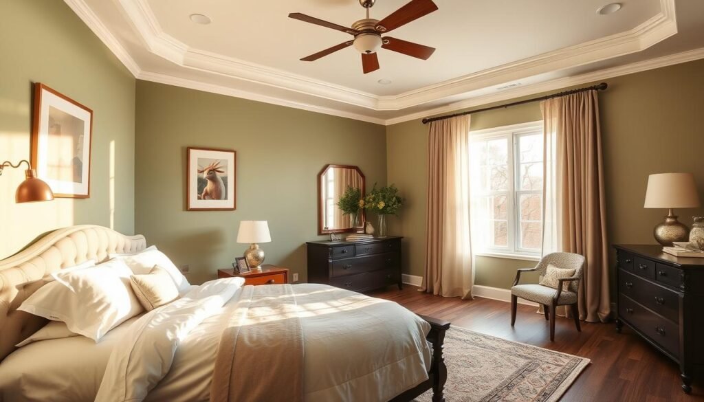A cozy master bedroom with a sophisticated color scheme, bathed in warm, golden lighting from a large window. The walls are painted in a calming shade of sage green, complemented by crisp white linens and dark wood furniture from the familyphase collection. A plush, tufted headboard in a soft gray anchors the space, while sheer, flowing curtains add a touch of elegance. Strategically placed accent pieces, such as a modern art print and a hand-woven area rug, create a harmonious, family-friendly atmosphere.