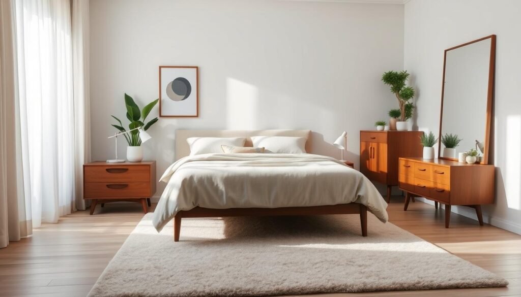 A serene and stylish familyphase bedroom with modern, chic furniture arrangements. A plush, linen-covered king-sized bed takes center stage, flanked by sleek, walnut nightstands with minimalist table lamps. A mid-century inspired dresser and vanity in a warm oak finish stand against the far wall, complemented by a large, frameless mirror. Soft, diffused lighting filters through sheer curtains, creating a cozy, inviting atmosphere. The space is accented with potted plants, abstract wall art, and a plush, neutral-toned area rug. The overall look is refined, elegant, and perfectly suited for a modern family home.