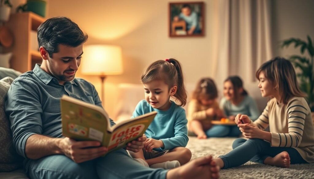 A warm-lit, photorealistic scene of a family engaged in various effective parenting activities. In the foreground, a parent reading a storybook to a child on their lap, conveying the importance of quality time and communication. In the middle ground, a parent guiding a child through a hands-on learning activity, fostering exploration and skill development. In the background, a parent and child playing a collaborative game, promoting bonding and positive reinforcement. The scene exudes a sense of harmony, patience, and a nurturing environment that embodies the five practical parenting tips: 1) Prioritize quality time, 2) Encourage hands-on learning, 3) Provide positive reinforcement, 4) Foster open communication, and 5) Create a nurturing environment.