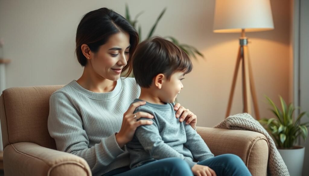 A warm, nurturing scene of a parent and child, set against a cozy, home-like background. The parent, with a gentle expression, sits on a plush armchair, guiding the child with a caring hand on their shoulder. The child, facing the parent, displays a sense of trust and openness. Soft, diffused lighting from a nearby lamp casts a comforting glow, while natural elements like houseplants and a cozy throw blanket contribute to the inviting atmosphere. The overall mood conveys the importance of setting clear, yet compassionate boundaries with children, fostering a secure and loving environment.