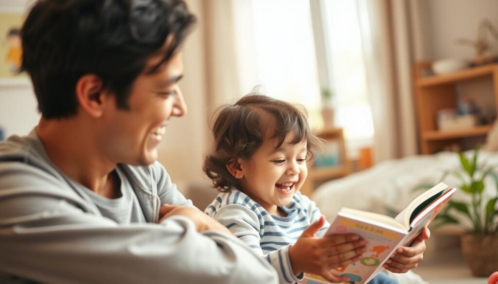 A warm, vibrant scene of positive parenting. In the foreground, a parent lovingly embraces their child, radiating joy and affection. The middle ground features the pair engaged in a playful activity, like reading a book or playing with toys, their expressions filled with wonder and connection. The background depicts a cozy, nurturing home environment, bathed in soft, natural lighting that enhances the sense of comfort and security. The overall atmosphere conveys the power of positive parenting - building strong, supportive relationships, fostering a child's curiosity and growth, and creating a safe, encouraging space for them to thrive.