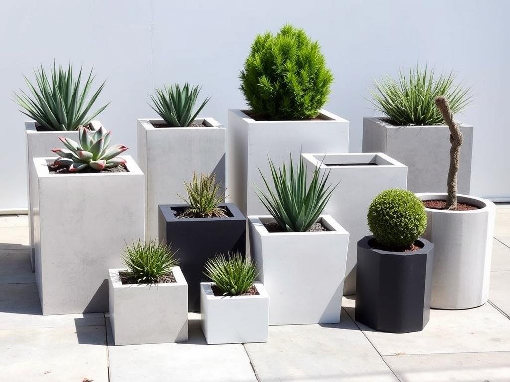 Arrangement of concrete geometric planters in various sizes with architectural plants on a modern patio Arrangement of concrete geometric planters in various sizes with architectural plants on a modern patio