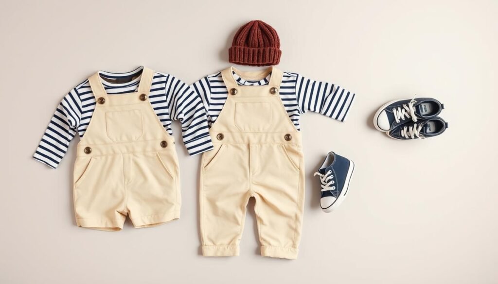 Baby boy streetwear outfit flat lay with beige overalls, striped shirt, beanie and tiny sneakers Baby boy streetwear outfit flat lay with beige overalls, striped shirt, beanie and tiny sneakers