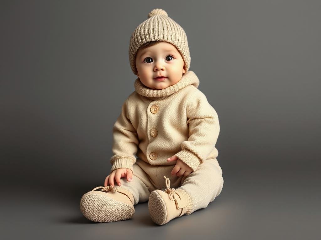 Baby boy wearing a beige outfit with matching hat and booties Baby boy wearing a beige outfit with matching hat and booties