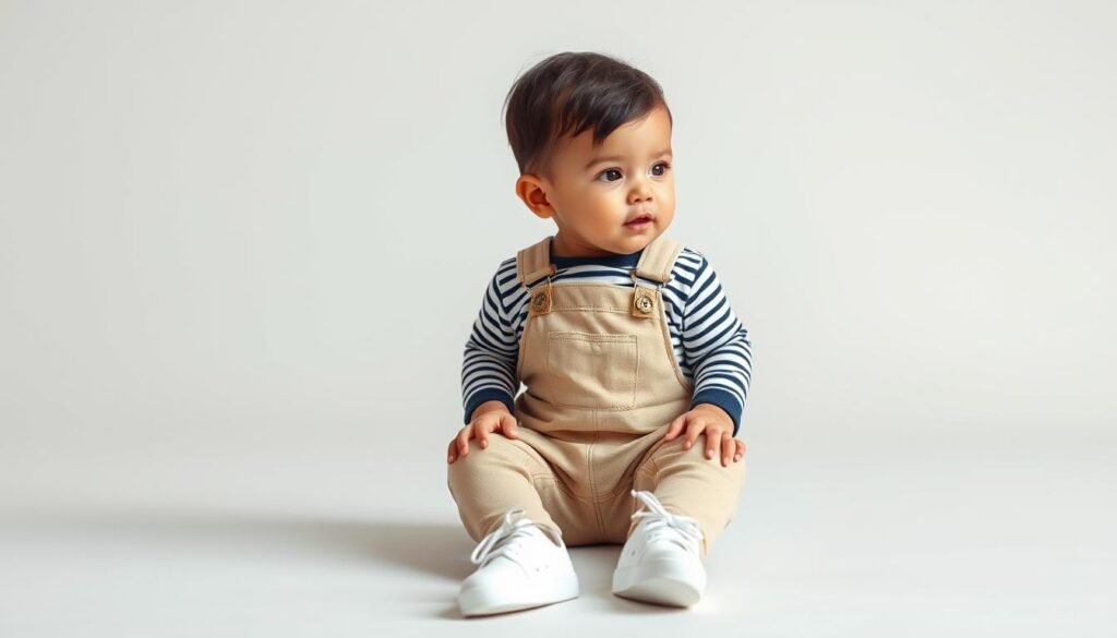 Baby boy wearing trendy beige overalls with a striped shirt and tiny sneakers