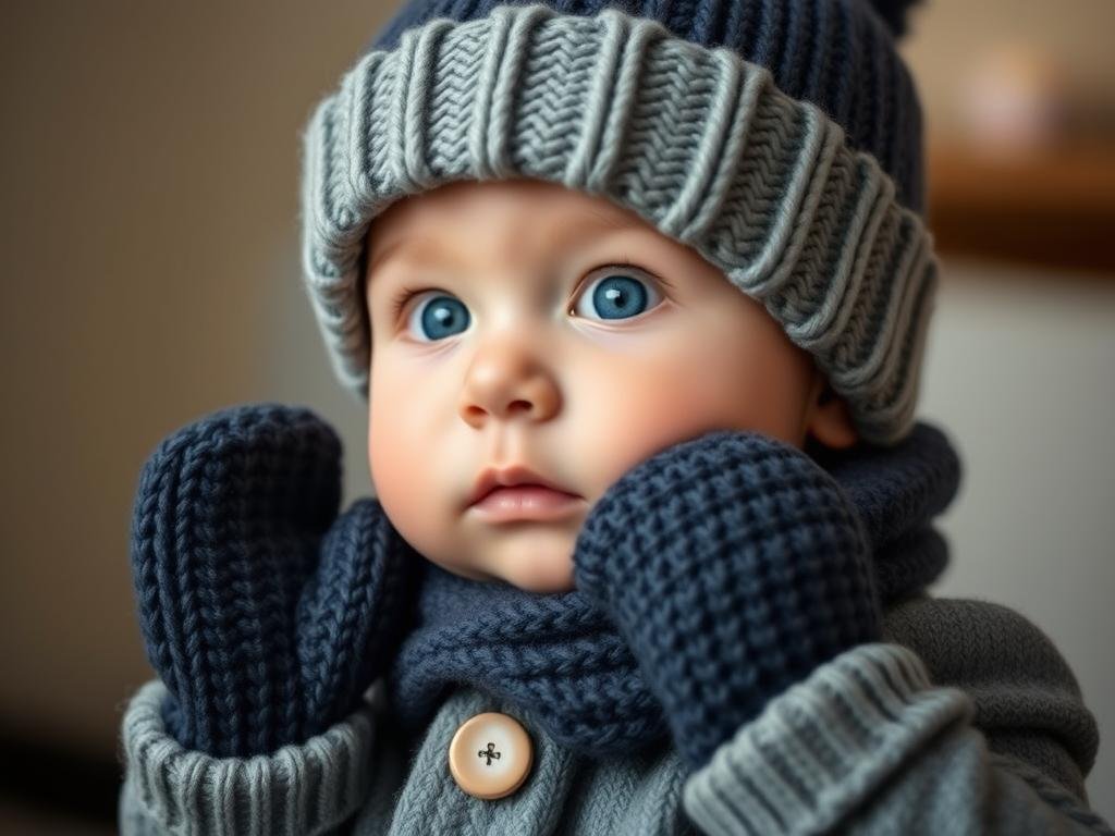 Baby boy wearing winter accessories including beanie and mittens Baby boy wearing winter accessories including beanie and mittens