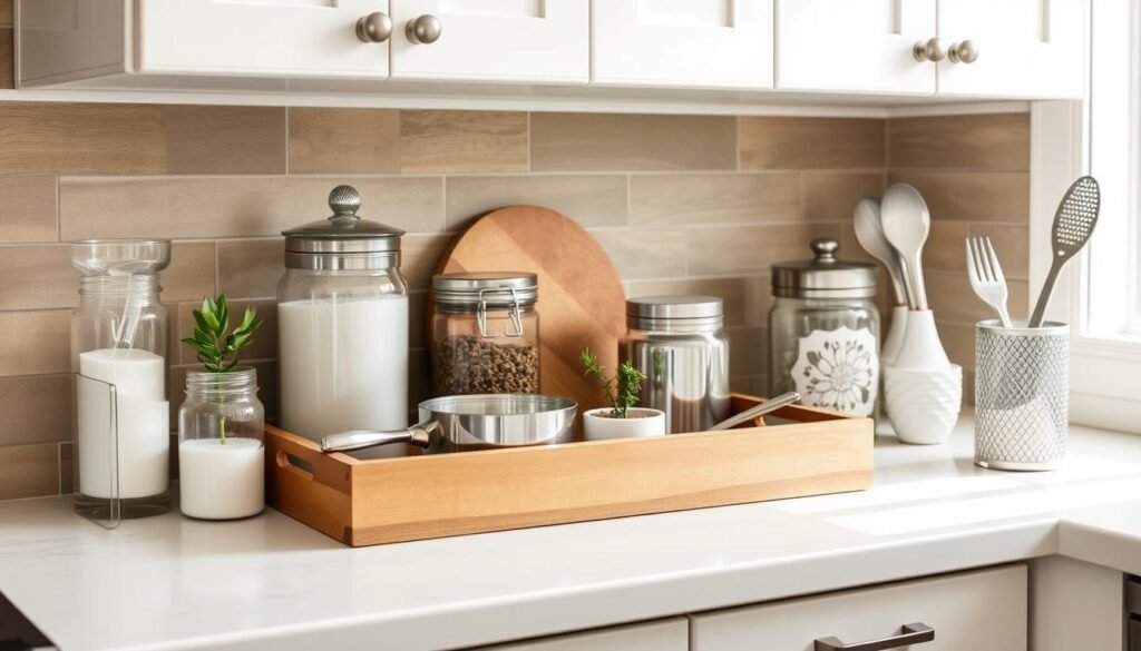 Beautifully styled kitchen counter with multiple decor elements from the article organized in an attractive way Beautifully styled kitchen counter with multiple decor elements from the article organized in an attractive way