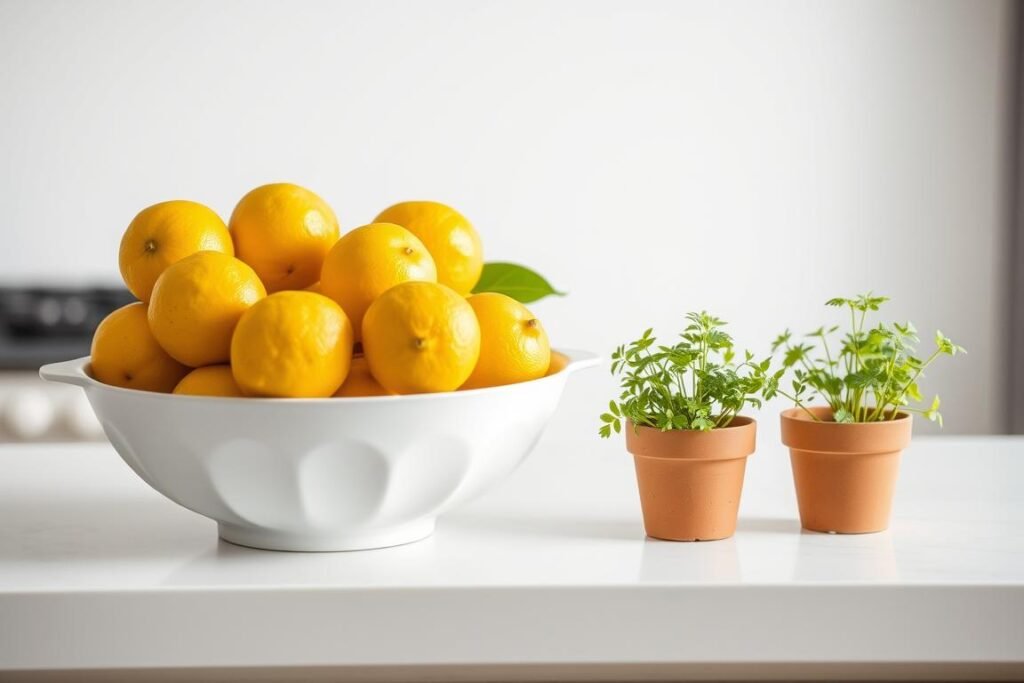 Bowl of fresh lemons and small potted herbs adding color to a kitchen counter Bowl of fresh lemons and small potted herbs adding color to a kitchen counter