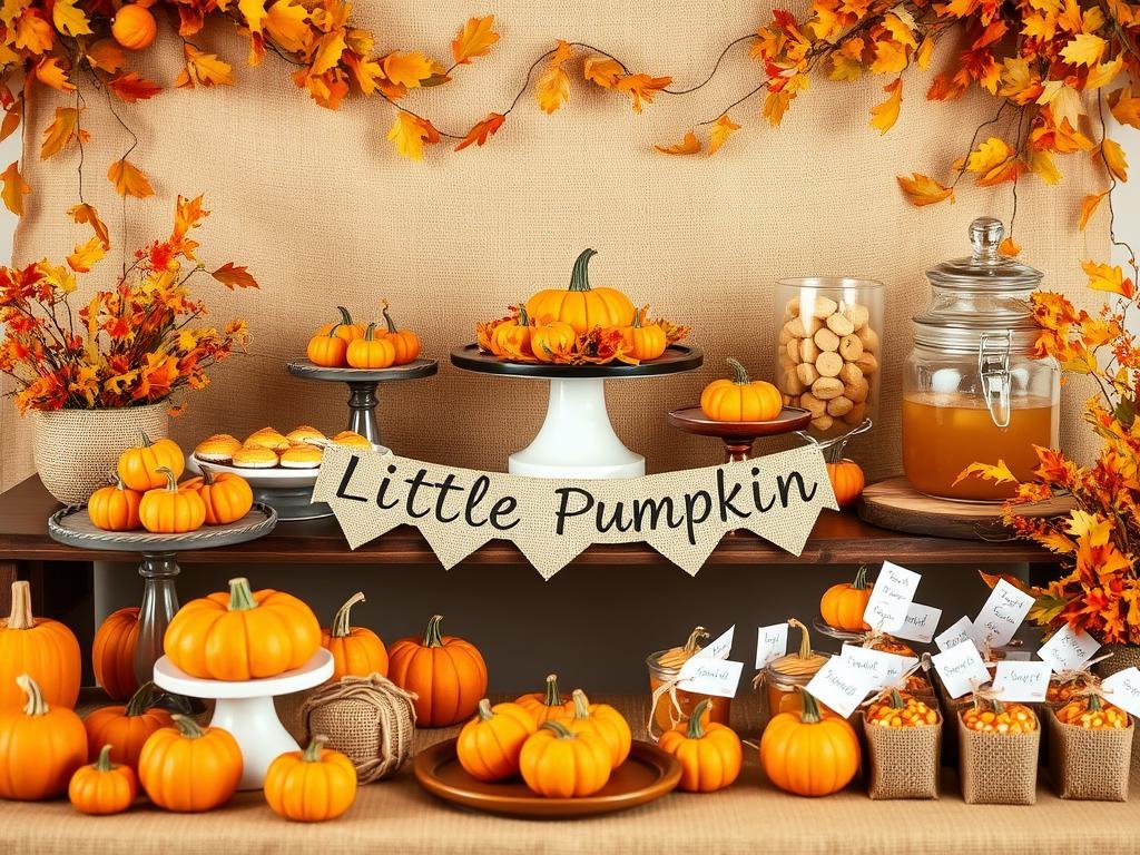 Boy baby shower with pumpkin theme featuring orange pumpkins, fall leaves, and rustic decorations Boy baby shower with pumpkin theme featuring orange pumpkins, fall leaves, and rustic decorations