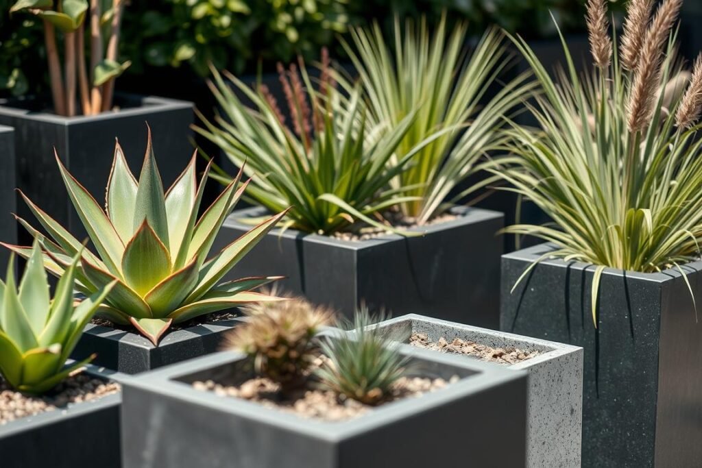 Close-up of architectural plants in modern geometric planters showing texture contrast Close-up of architectural plants in modern geometric planters showing texture contrast