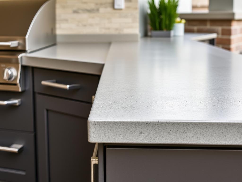 Close-up of contemporary outdoor kitchen materials including concrete countertops and metal cabinetry Close-up of contemporary outdoor kitchen materials including concrete countertops and metal cabinetry