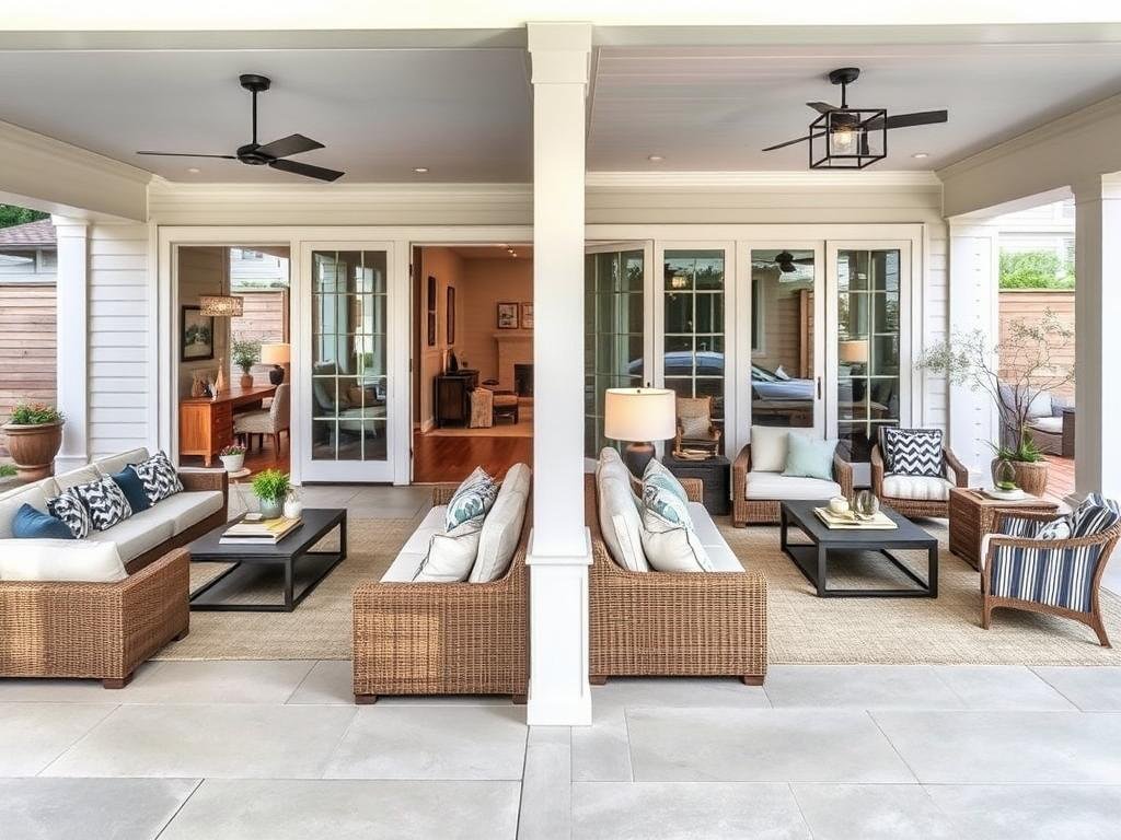 Cohesive indoor-outdoor living space with consistent furniture style, color palette, and accessories flowing between areas Cohesive indoor-outdoor living space with consistent furniture style, color palette, and accessories flowing between areas