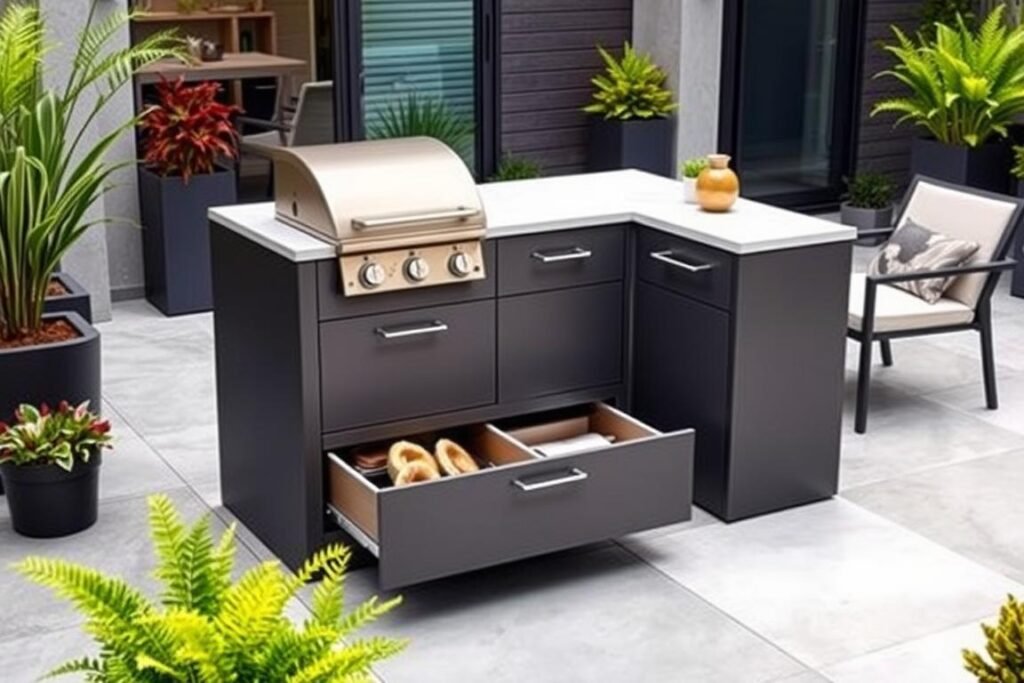 Compact outdoor kitchen island with built-in grill and storage in a small modern patio setting Compact outdoor kitchen island with built-in grill and storage in a small modern patio setting