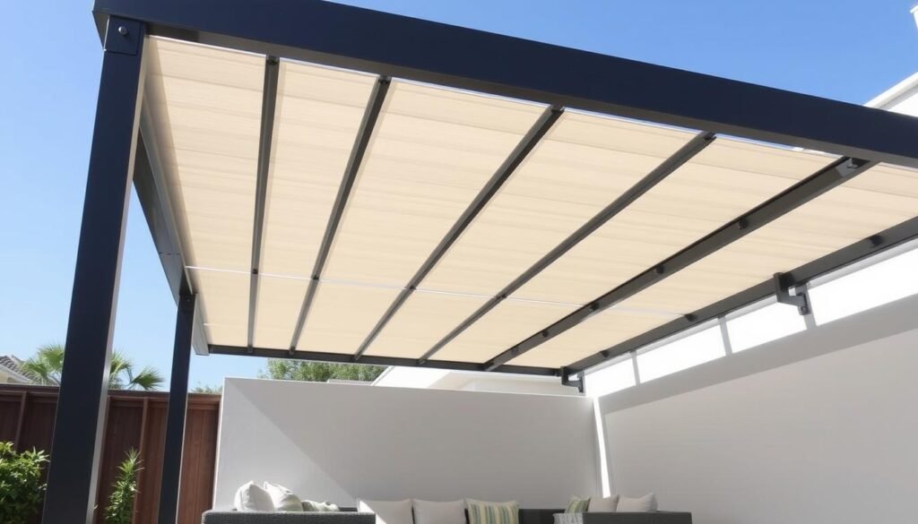 Contemporary aluminum pergola with clean lines and adjustable louvers providing shade over modern outdoor seating area Contemporary aluminum pergola with clean lines and adjustable louvers providing shade over modern outdoor seating area