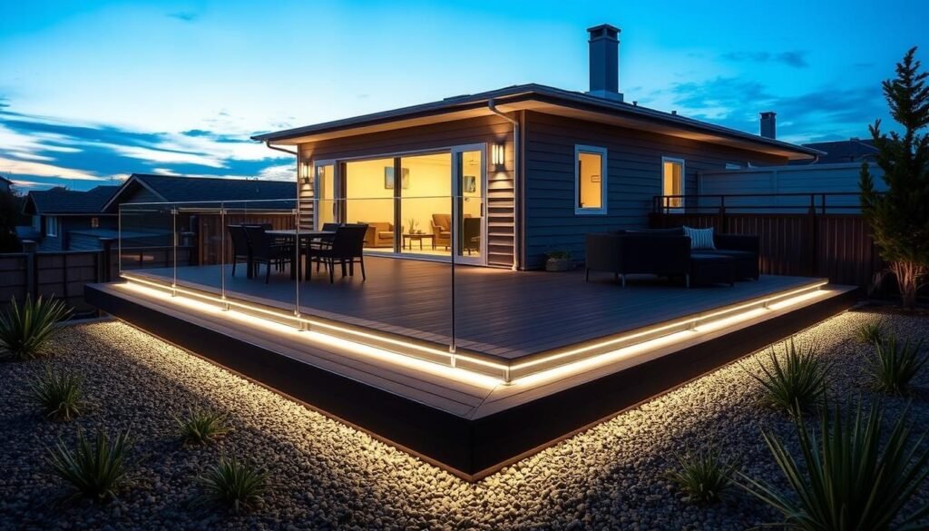 Contemporary floating deck with integrated lighting and minimalist railing design Contemporary floating deck with integrated lighting and minimalist railing design