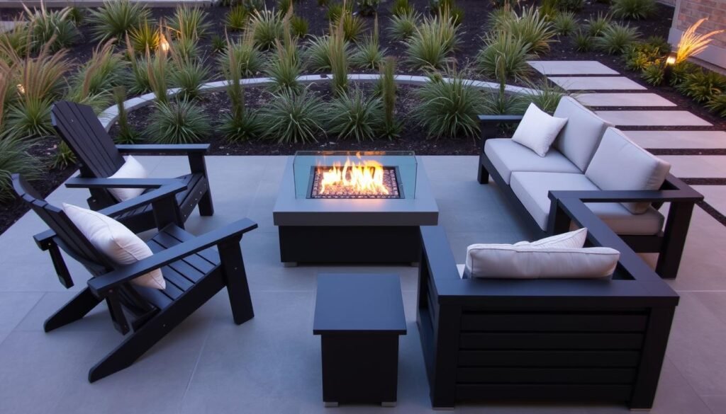 Contemporary outdoor seating arrangement around a rectangular fire table with modern landscaping Contemporary outdoor seating arrangement around a rectangular fire table with modern landscaping