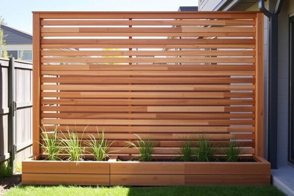 Contemporary slatted wooden privacy screen with integrated planters in a modern backyard setting Contemporary slatted wooden privacy screen with integrated planters in a modern backyard setting