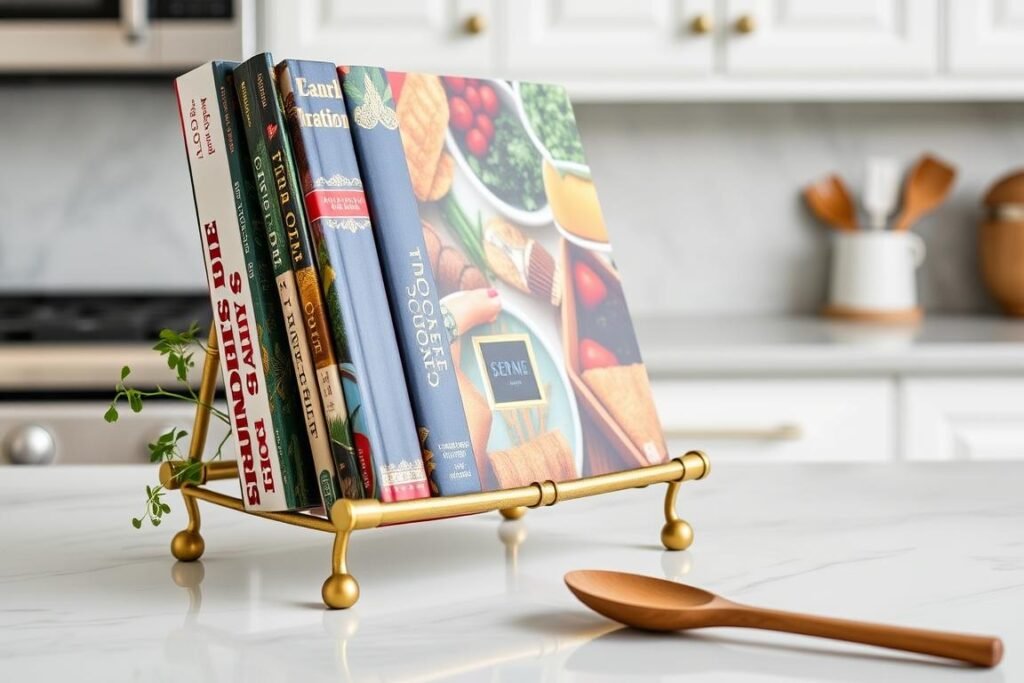 Cookbook displayed on a decorative stand with a small plant on a kitchen counter Cookbook displayed on a decorative stand with a small plant on a kitchen counter