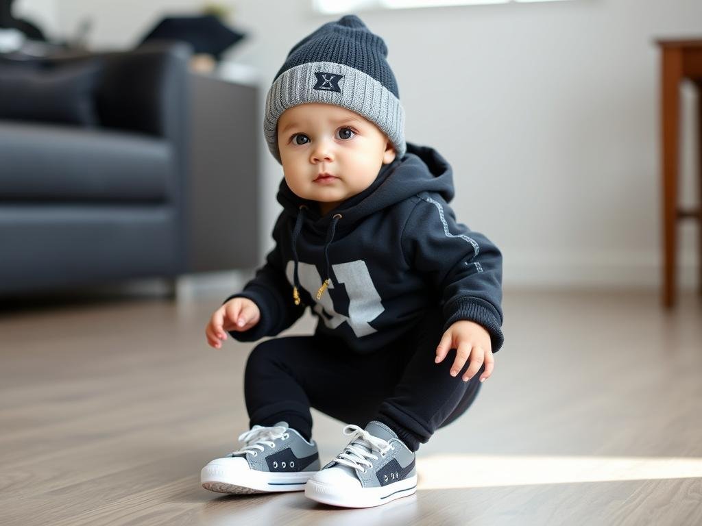 Cool baby wearing a beanie hat and tiny sneakers Cool baby wearing a beanie hat and tiny sneakers