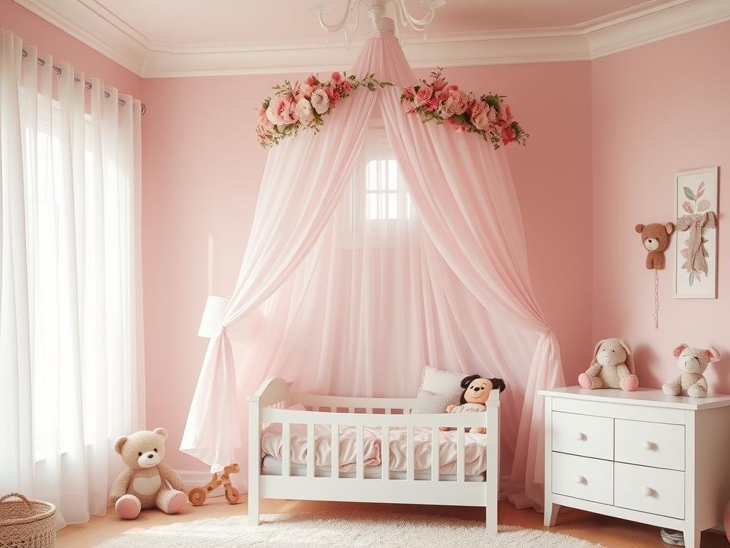 Dreamy toddler girl bedroom with a pink floral canopy bed and soft pastel walls