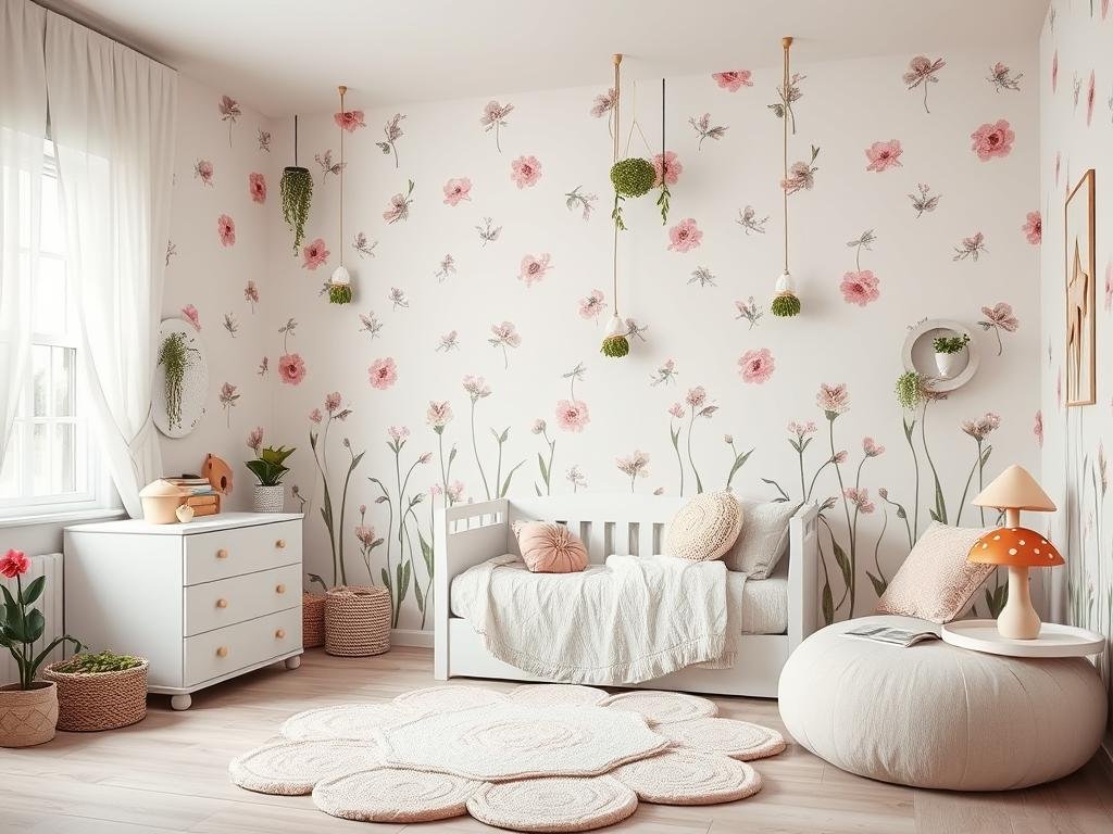Garden-themed toddler bedroom with floral wallpaper and plant decorations Garden-themed toddler bedroom with floral wallpaper and plant decorations