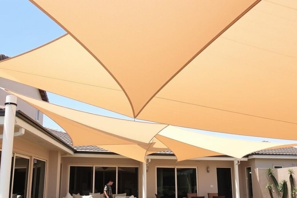 Geometric shade sails in overlapping configuration creating dynamic shadows over modern patio space Geometric shade sails in overlapping configuration creating dynamic shadows over modern patio space