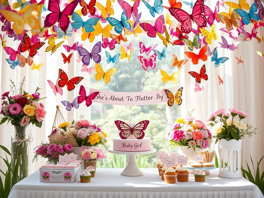 Girl baby shower with butterfly theme featuring colorful butterflies, flowers, and pastel decorations Girl baby shower with butterfly theme featuring colorful butterflies, flowers, and pastel decorations