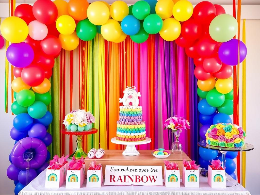 Girl baby shower with rainbow theme featuring colorful decorations, balloons, and bright accents Girl baby shower with rainbow theme featuring colorful decorations, balloons, and bright accents