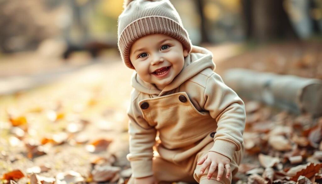 Happy baby boy in complete streetwear outfit playing outdoors Happy baby boy in complete streetwear outfit playing outdoors