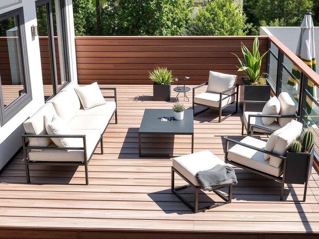 Low-profile outdoor furniture arrangement on a modern floating deck with minimalist styling Low-profile outdoor furniture arrangement on a modern floating deck with minimalist styling