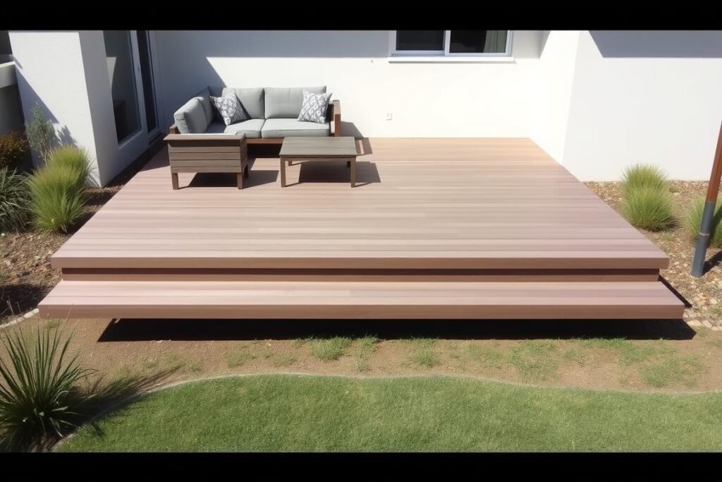 Minimalist floating wooden deck with modern outdoor furniture in a contemporary backyard setting Minimalist floating wooden deck with modern outdoor furniture in a contemporary backyard setting