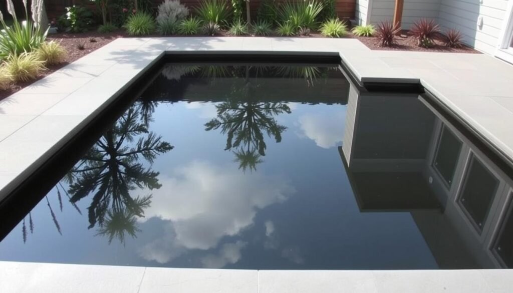 Minimalist reflection pool integrated with modern patio design and architectural plantings Minimalist reflection pool integrated with modern patio design and architectural plantings