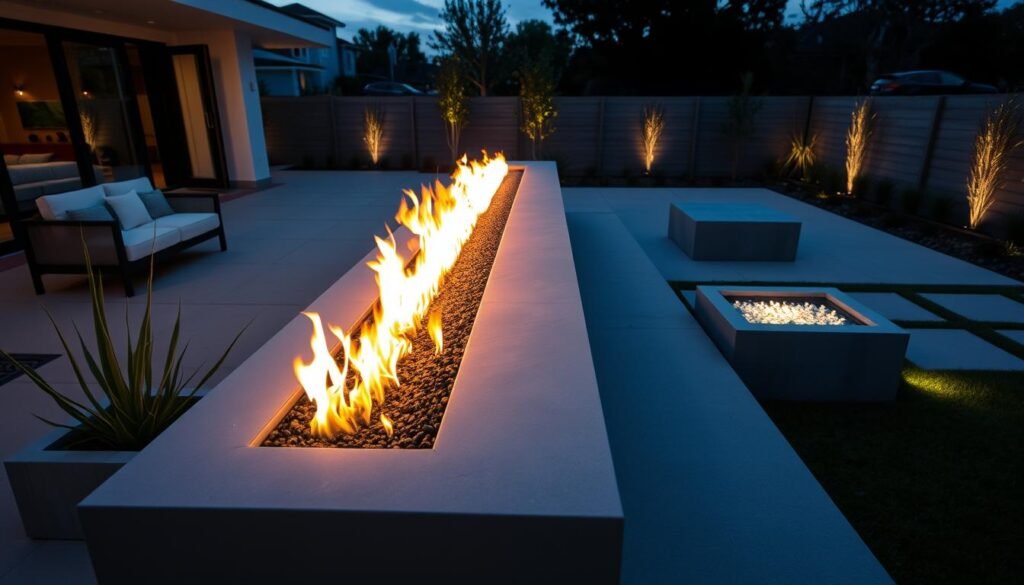 Modern backyard at dusk with linear fire feature integrated into contemporary landscaping with LED lighting Modern backyard at dusk with linear fire feature integrated into contemporary landscaping with LED lighting