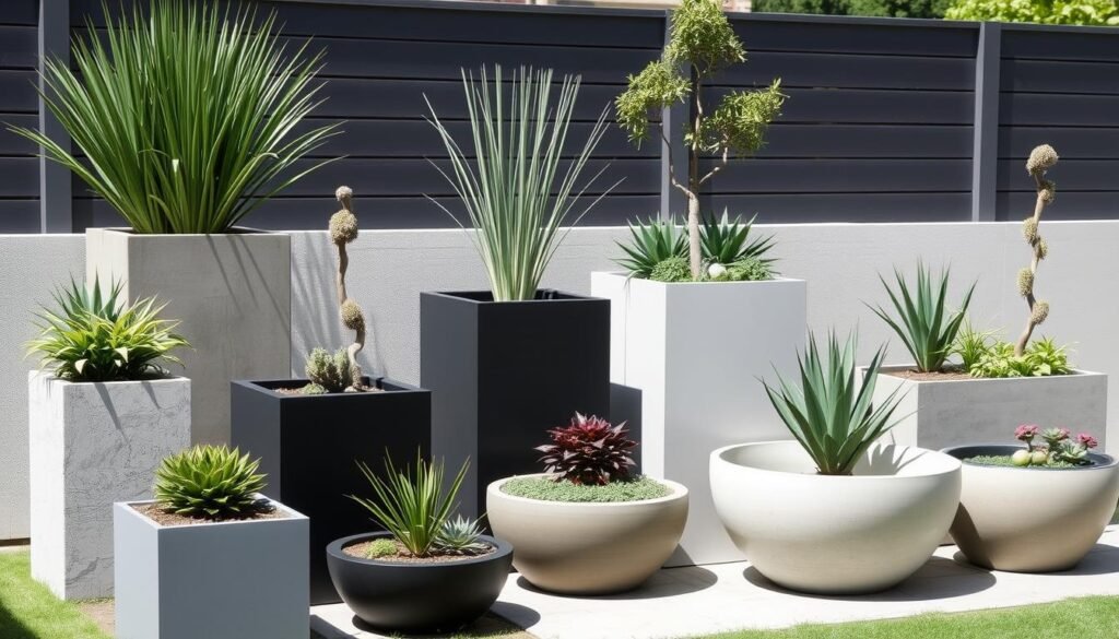 Modern backyard featuring a carefully arranged grouping of different sized geometric planters creating visual rhythm Modern backyard featuring a carefully arranged grouping of different sized geometric planters creating visual rhythm