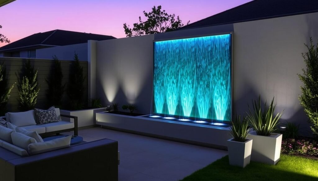 Modern backyard featuring a sleek water wall with LED lighting creating ambiance in evening setting Modern backyard featuring a sleek water wall with LED lighting creating ambiance in evening setting