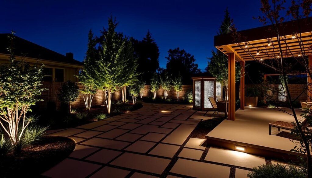 Modern backyard with layered lighting design highlighting architectural features and creating ambiance Modern backyard with layered lighting design highlighting architectural features and creating ambiance