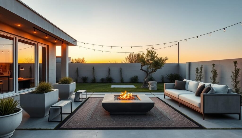Modern backyard with sleek furniture, geometric planters, and ambient lighting showcasing Backyard Inspo Modern design