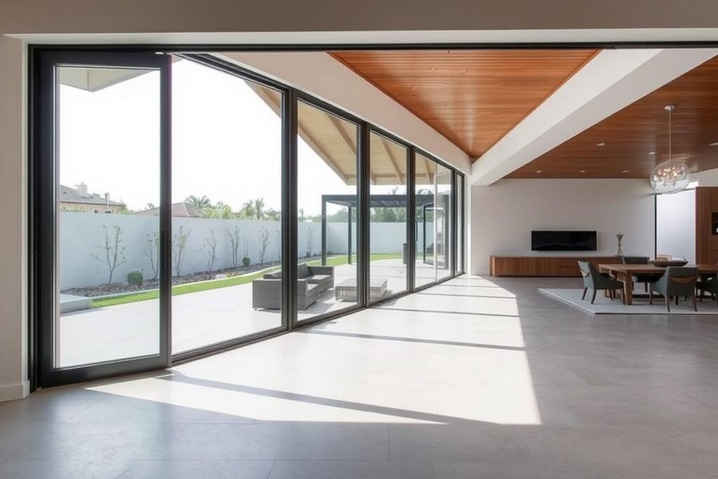 Modern home with multi-panel sliding glass doors fully opened to connect interior living space with covered patio Modern home with multi-panel sliding glass doors fully opened to connect interior living space with covered patio