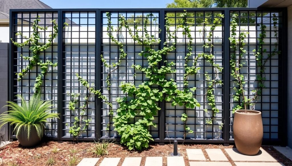 Modern metal privacy screen with climbing plants creating a living wall effect in a contemporary garden Modern metal privacy screen with climbing plants creating a living wall effect in a contemporary garden