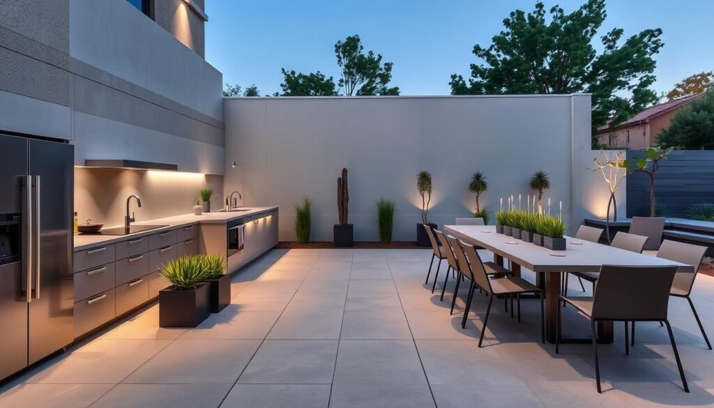 Modern outdoor kitchen and dining area with sleek appliances, minimal design, and contemporary furniture Modern outdoor kitchen and dining area with sleek appliances, minimal design, and contemporary furniture