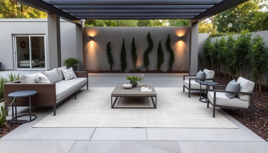 Modern outdoor living room with sectional sofa, coffee table, and area rug defining the space Modern outdoor living room with sectional sofa, coffee table, and area rug defining the space