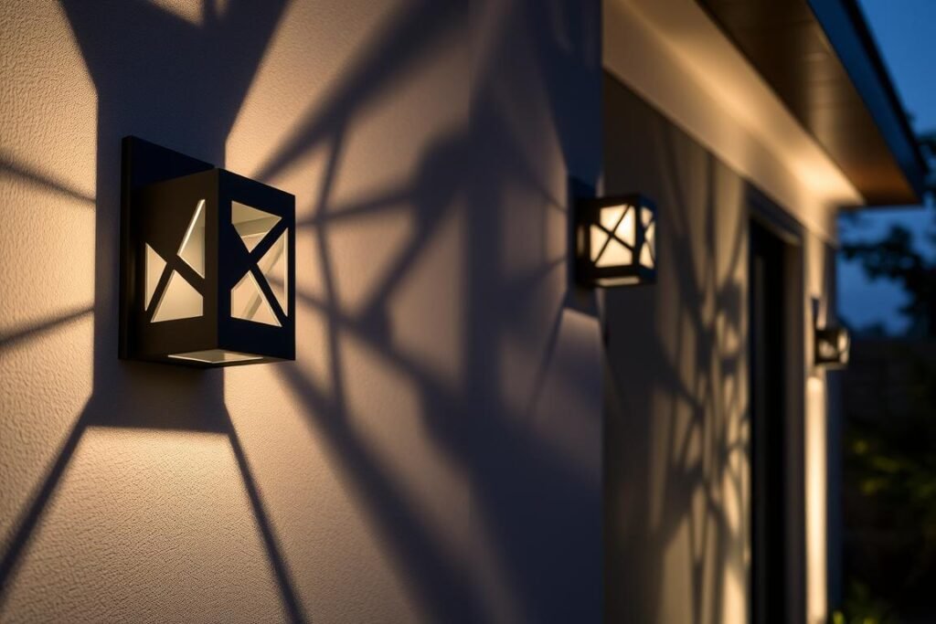 Modern outdoor wall sconces with geometric design creating dramatic light patterns on exterior wall Modern outdoor wall sconces with geometric design creating dramatic light patterns on exterior wall