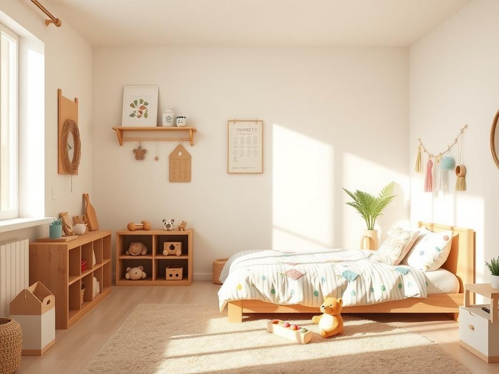 Montessori-inspired toddler bedroom with low wooden shelves and accessible play area Montessori-inspired toddler bedroom with low wooden shelves and accessible play area