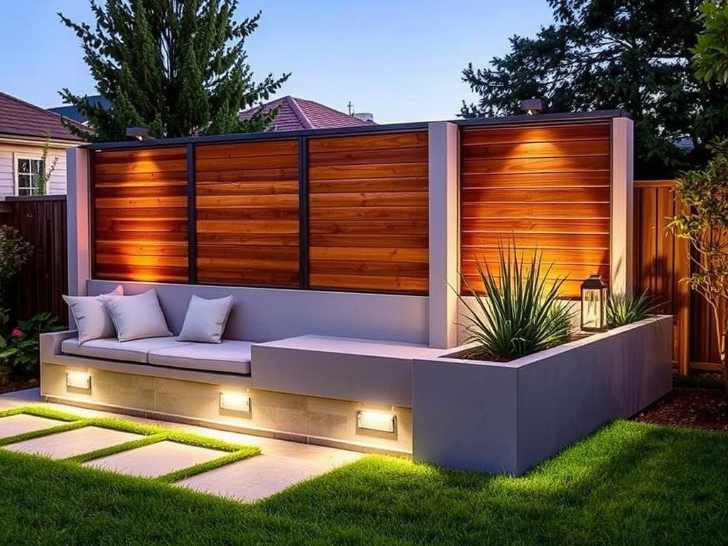 Multifunctional privacy wall with built-in bench seating, lighting, and planter boxes in a modern backyard Multifunctional privacy wall with built-in bench seating, lighting, and planter boxes in a modern backyard