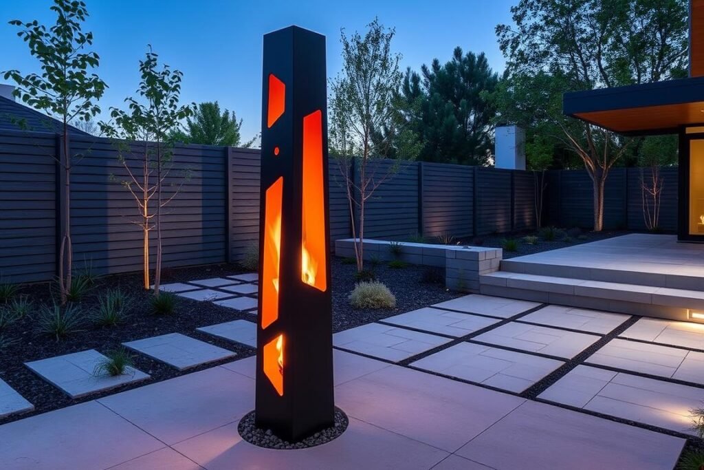 Sculptural modern fire column with architectural design elements in a contemporary backyard Sculptural modern fire column with architectural design elements in a contemporary backyard