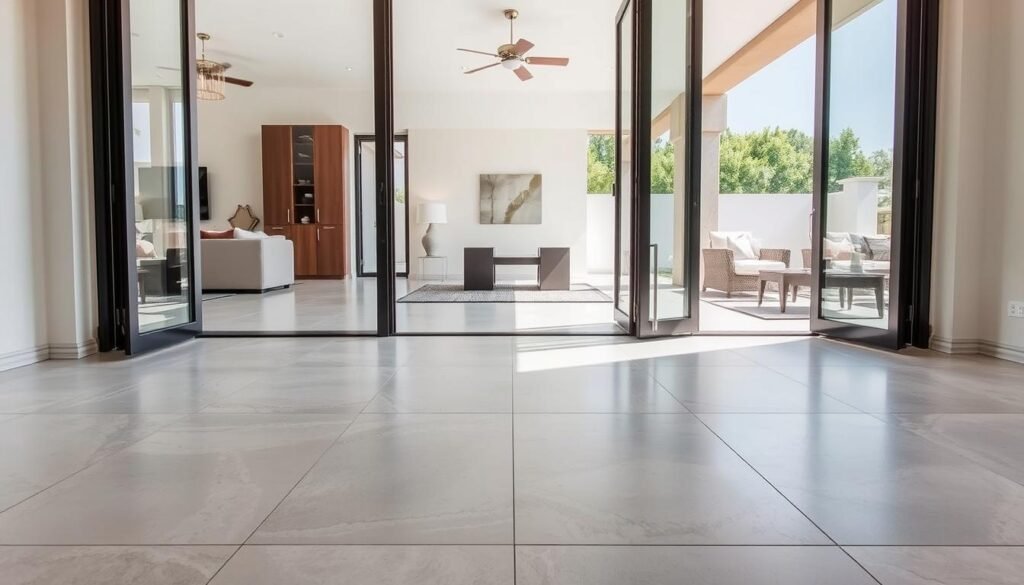 Seamless indoor-outdoor flooring transition with large format porcelain tiles extending from interior to patio Seamless indoor-outdoor flooring transition with large format porcelain tiles extending from interior to patio