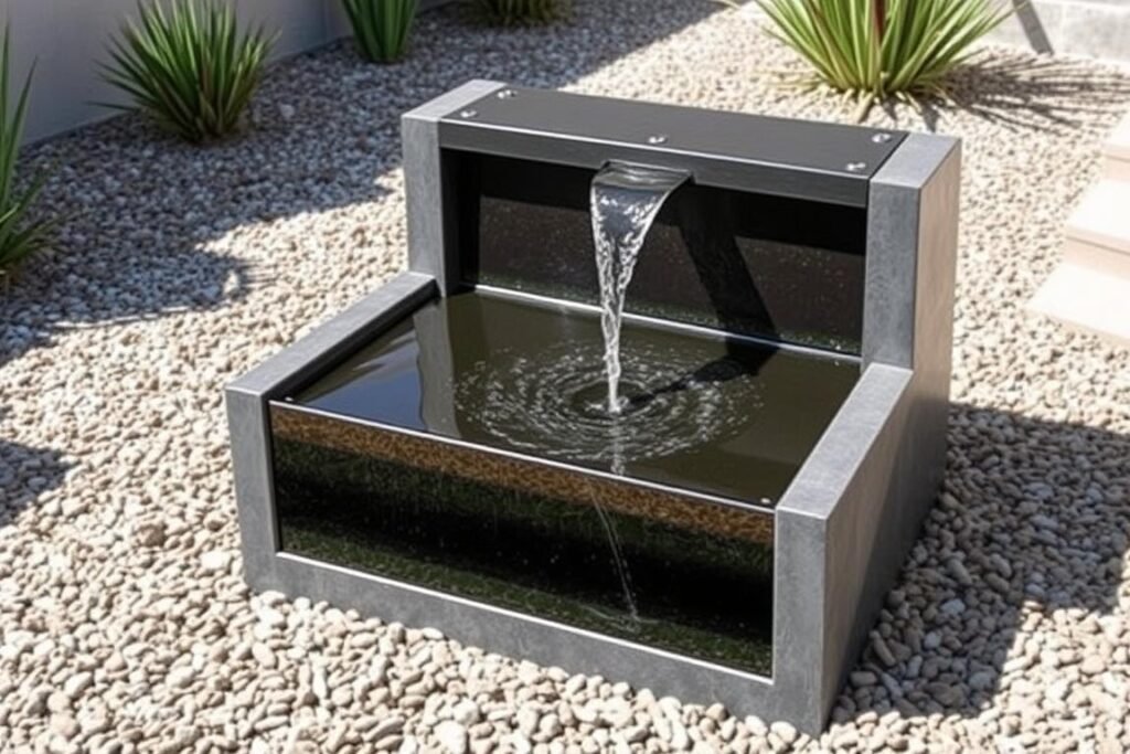 Self-contained modern water feature with simple maintenance requirements in a contemporary garden setting Self-contained modern water feature with simple maintenance requirements in a contemporary garden setting
